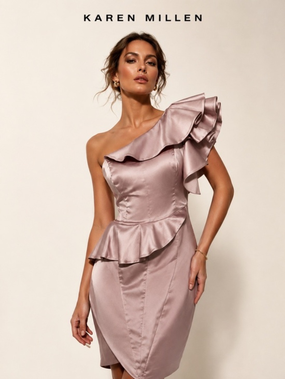 Karen Millen Sz 10 Italian Structured Satin Drama Ruffle Dress Peplum